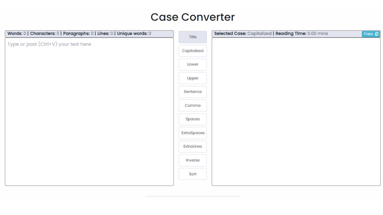 case converter with lower case, upper case, sentence case, words, characters count and many more